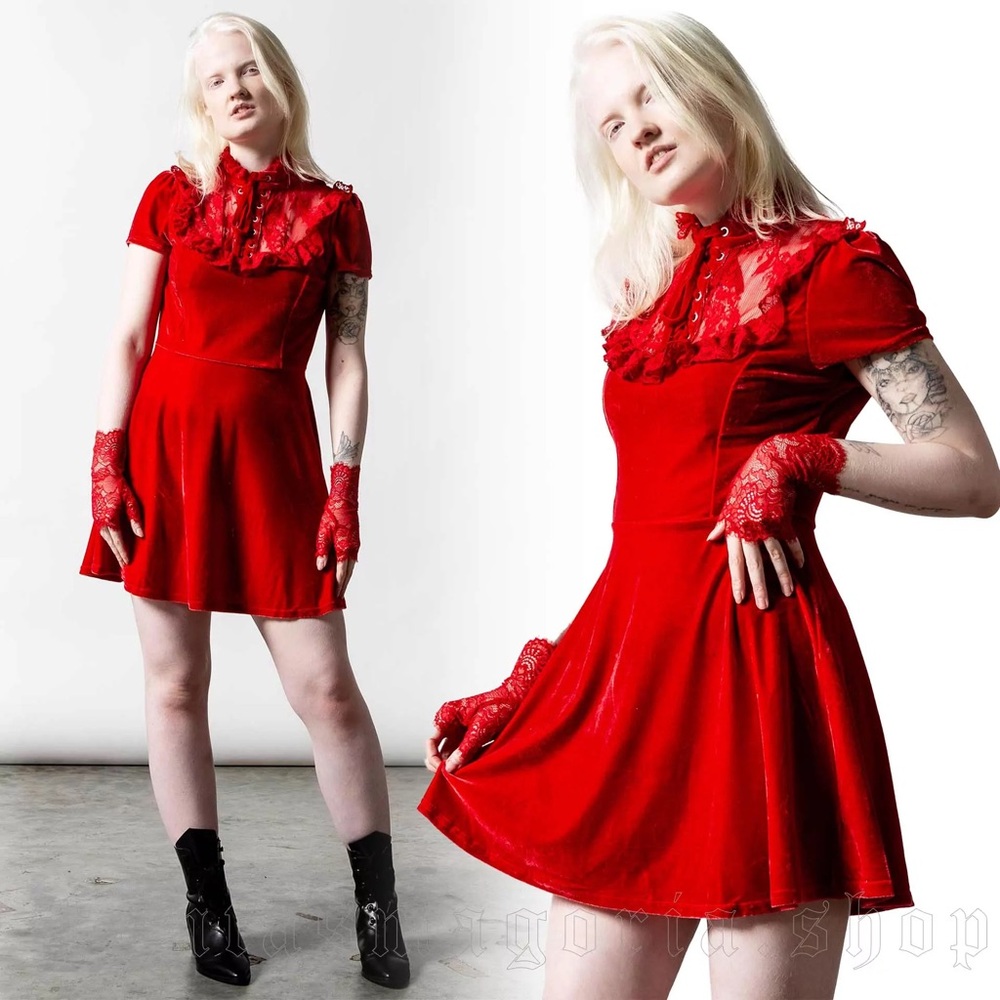 Killstar Evernight Red Scarlet Velvet Lace Mini Dress Gothic Holiday Yule